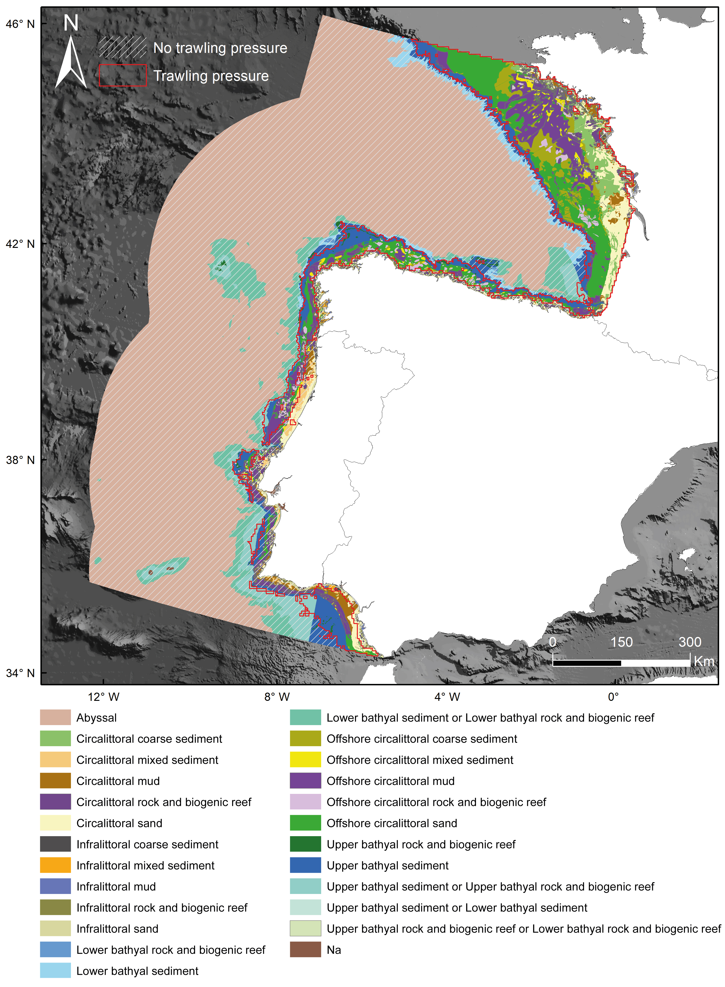 Figure c: Extent and distribution of all BBHTs across the Common Indicator Assessment area. The grey-hatched area corresponds to areas where there was no trawling effort. The area highlighted in red reflects the area where there was bottom-trawling effort (trawling footprint)