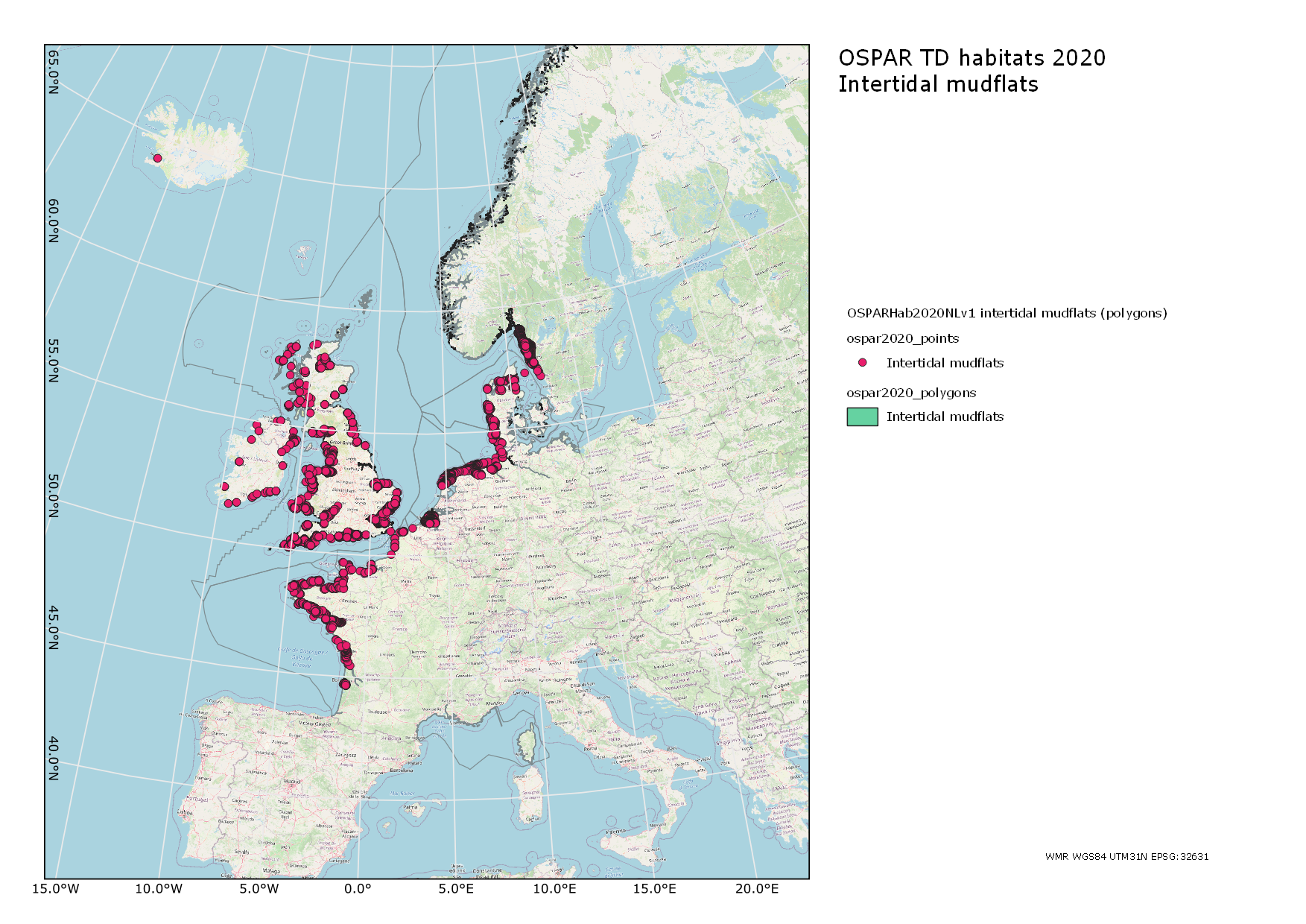 Figure 3: Data from the OSPAR data portal 2020 on distribution of intertidal mudflats. (Source: https://emodnet.ec.europa.eu/en/ospar-threatened-andor-declining-habitats-spatial-dataset)