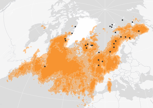 Figure 2: Distribution of Black-legged kittiwakes ouside the breeding season (i.e. excludes May-July) during 2007 to 2021. Distribution of 1 285 individual kittiwakes fitted with geolocators at 28 colonies (black dots). Source: //seapop.no/en/seatrack/ (accessed on 12/09/22).