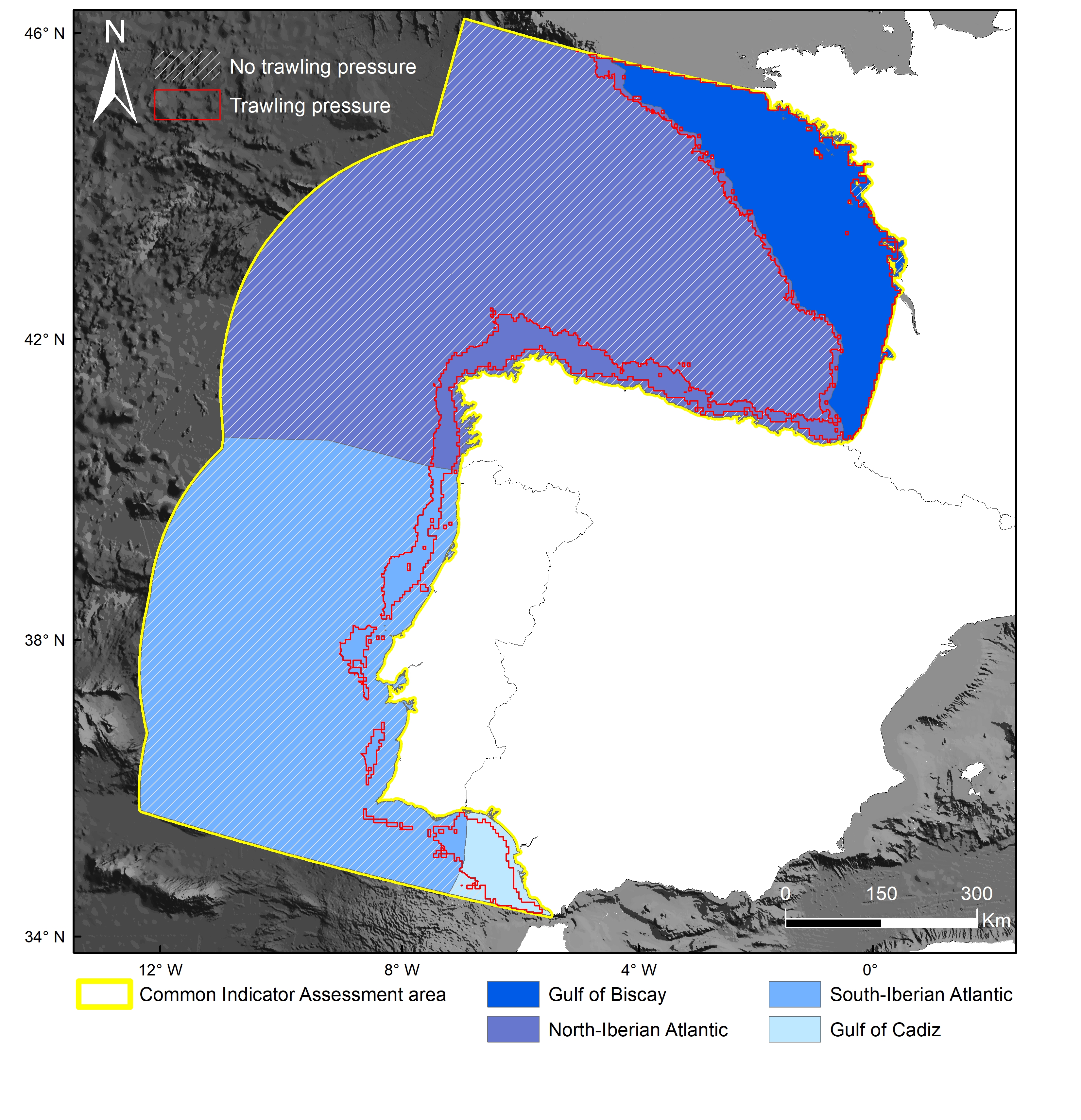 Figure a: BH1 Common Indicator Assessment Units, the extent of the trawling footprint (bordered in red) and the area without bottom-trawling pressure (grey hatched area)