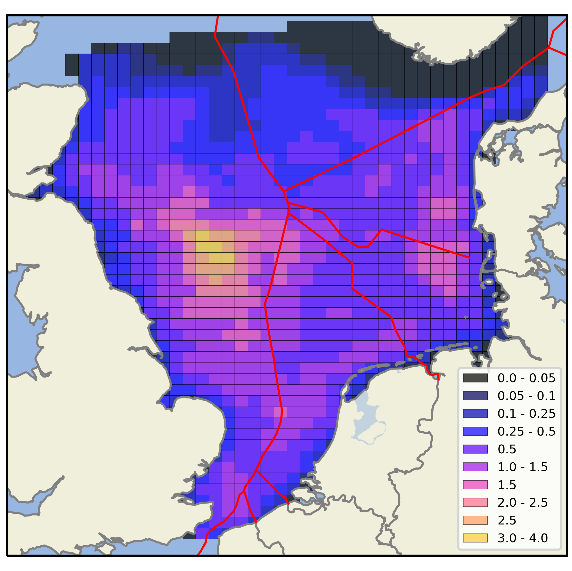 Figure b: Assessment area defined for harbour porpoise with annual average density (animals per km2) computed from Gilles et al., (2016). Full extent of Gilles et al., (2016) modelled area.