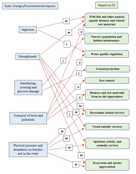 Figure I.1: Overview of the 'State changes/Environmental impacts’ - ‘Impacts on ES’ linkages for the Marine Litter thematic assessment. The ecosystem services shown are those considered most relevant in relation to the Marine Litter thematic assessment. Each arrow also denotes an expert-based estimate of the magnitude of the impact of an environmental state change on a particular ecosystem service (Red arrow = negative impact, Green arrow = positive impact, H = high impact, M = medium impact, L = low impact, U = unknown impact).