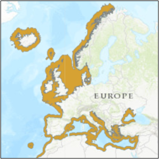 Figure 1: Geographic distribution of thornback ray in the Northeast Atlantic and adjacent seas. Note: The distribution also extends to the Azores archipelago, and the distribution around Iceland is more restricted than shown here. Source: IUCN (https://www.iucnredlist.org/species/39399/103110667).