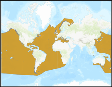 Figure 1: Geographic range of the basking shark. Source: IUCN (https://www.iucnredlist.org/species/4292/166822294)