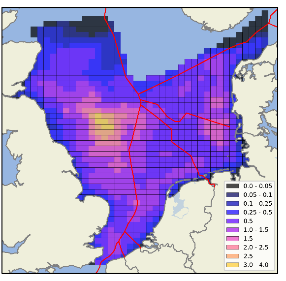 Figure c: Assessment area defined for harbour porpoise with annual average density (animals per km2) computed from Gilles et al., (2016). Area used in the assessment, cropped to remove Norway, since activity was unreported for this Contracting Party during 2015-2018.