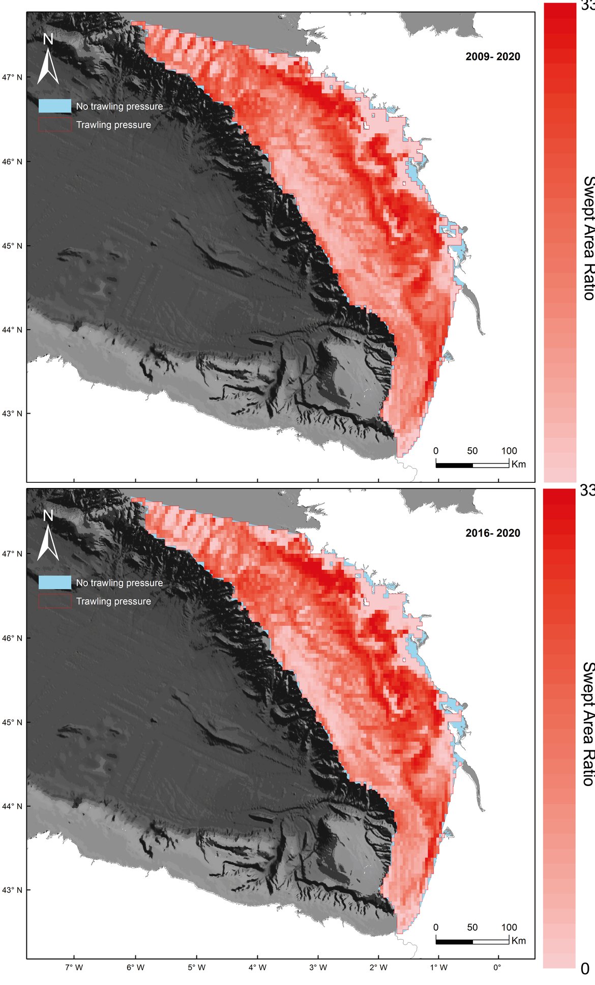 Figure j: Gulf of Biscay Assessment Unit. Mean swept area ratio (SAR) from 2009-2020 (top) and from 2016 to 2020 (bottom)