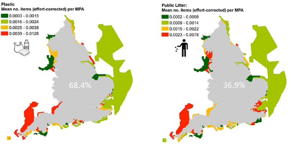 Figure 22: Shore-based litter density occurring within English MPAs. Maps showing mean number of items m-1 min-1 person-1 for each MPA for: left: plastic; right: public Litter: Source: Nelms, et al. (2020)