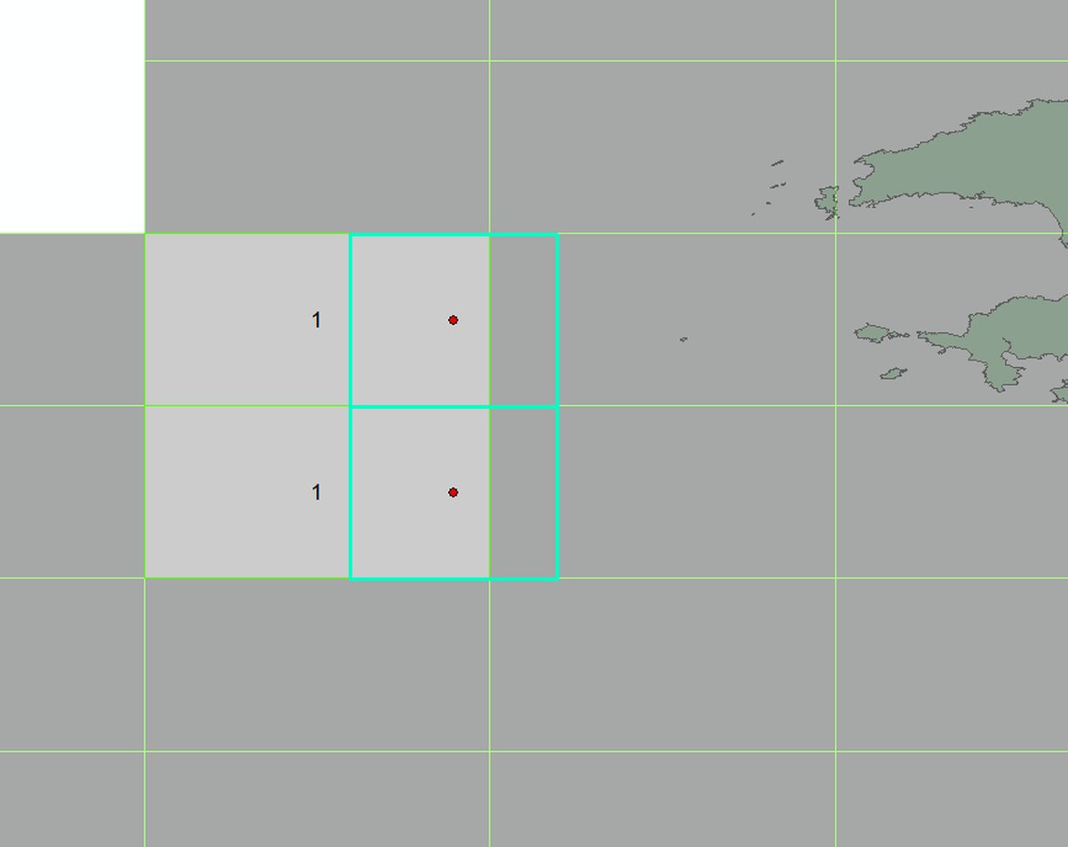 Figure c: Pulse block days in ICES sub-rectangles (light grey boxes with number of Pulse Block Days within) attributed to one day of sonar activity recorded in two UK oil and gas blocks (blue rectangles). Red dots indicate UK block centroids.