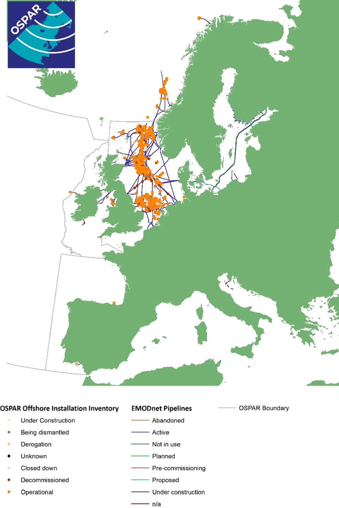 Figure 2: Offshore oil and gas installations and pipelines in the OSPAR area