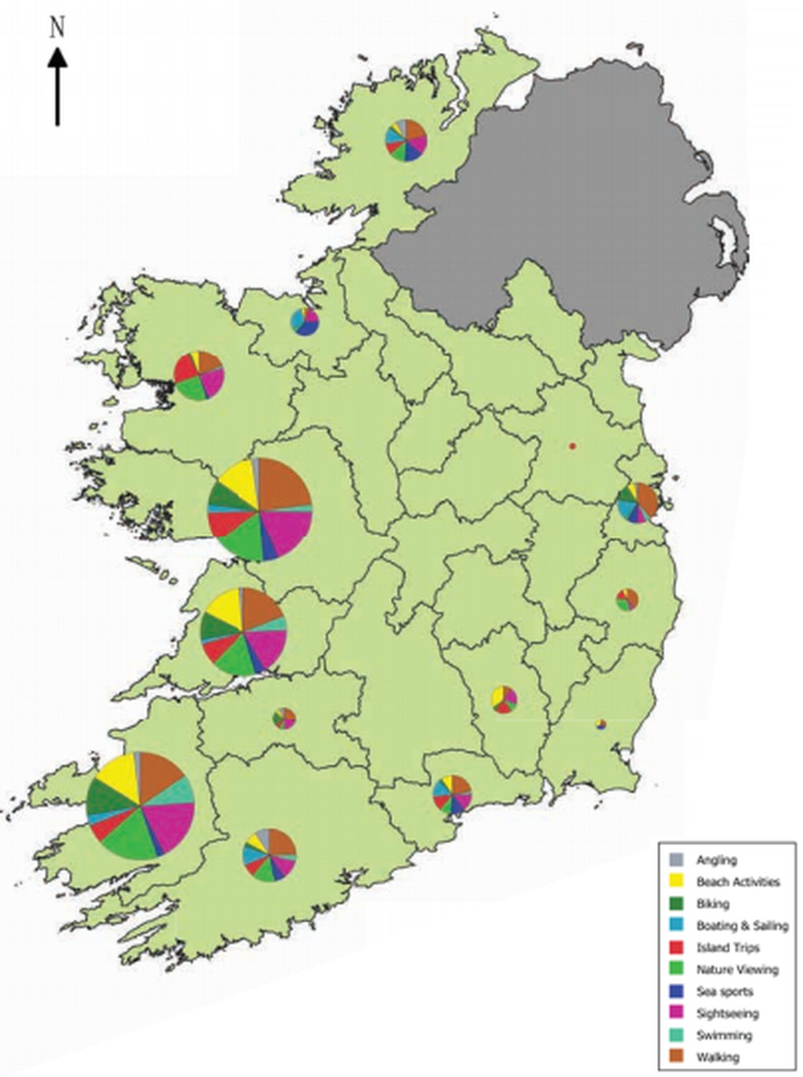 Figure 13:  Marine and coastal tourism activities at county level; Source: SEMRU, 2018