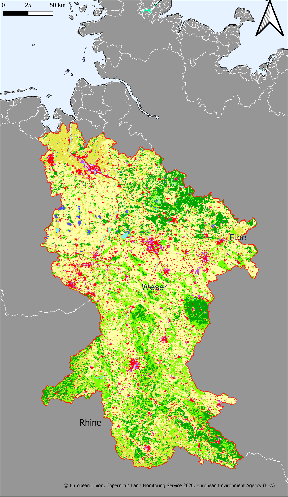 Figure 3.6.1: Map showing the extent and land use in the Weser river basin