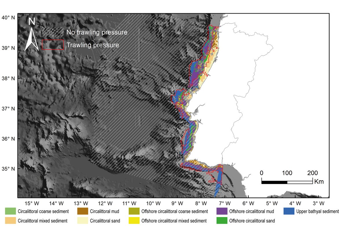 Figure g: The extent and distribution of the nine BBHTs assessed in the South-Iberian Atlantic assessment unit.  The grey-hatched area corresponds to areas where there was no trawling effort