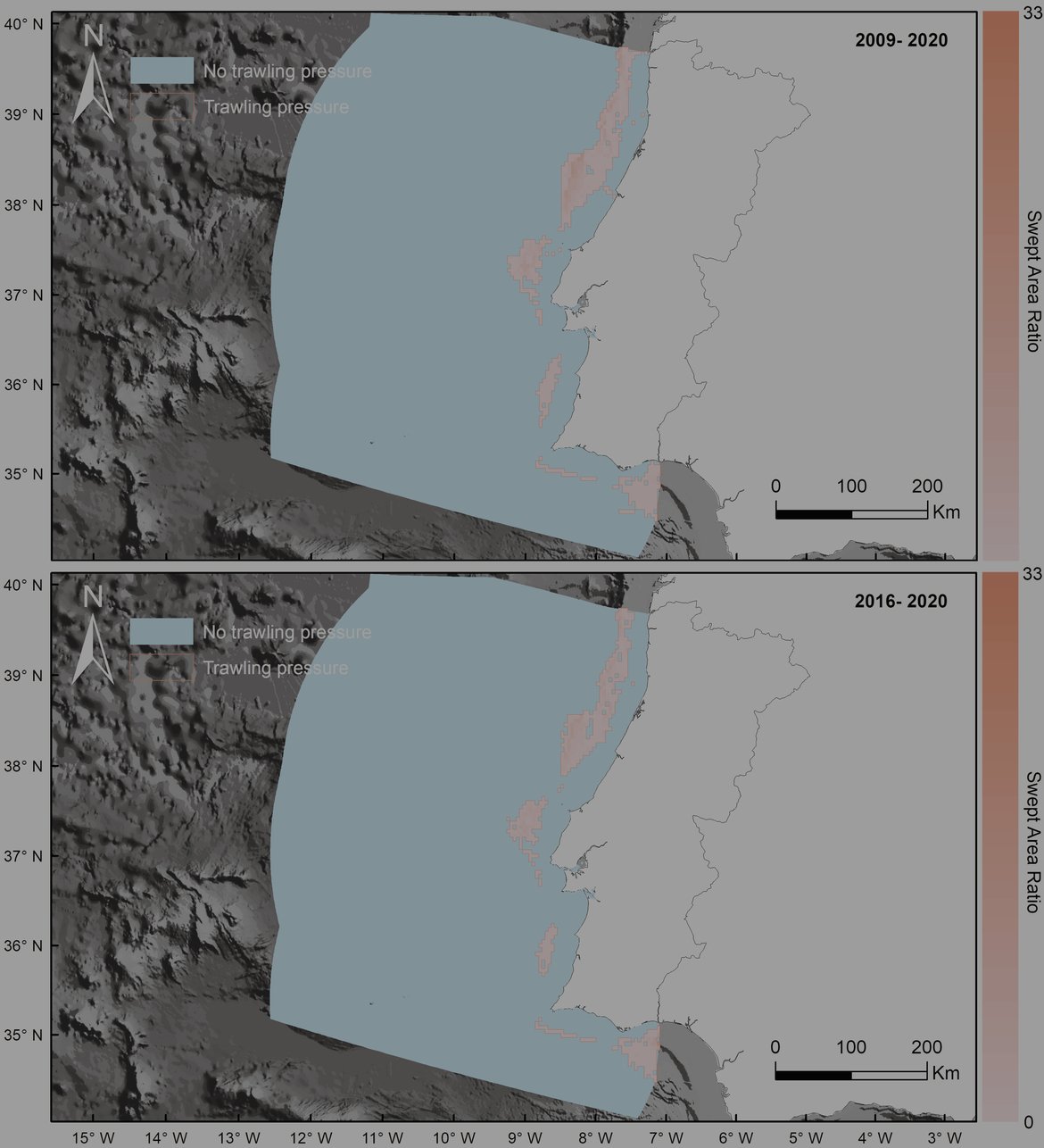 Figure l: South-Iberian Atlantic Assessment Unit. Mean swept area ratio (SAR) from 2009-2020 (top) and from 2016 to 2020 (bottom). The shaded figure highlights that in this assessment unit, the bottom-trawling effort was underrepresented; therefore, this unit's disturbance assessment will also be underestimated