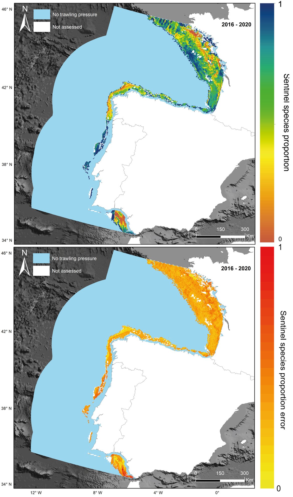 Figure q: Overall Common Indicator Assessment area. Top: Prediction of sentinel species based on the mean SAR value from 2016 to 2020. Bottom: Standard error associated with the prediction of sentinel species proportion from 2016 to 2020