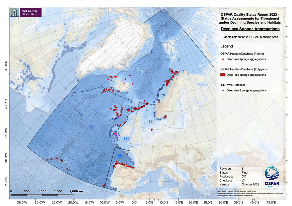 Figure 1: Distribution of deep-sea sponge aggregations in the OSPAR maritime area, based on OSPAR T&D database (2018) and ICES VME database (2021)
