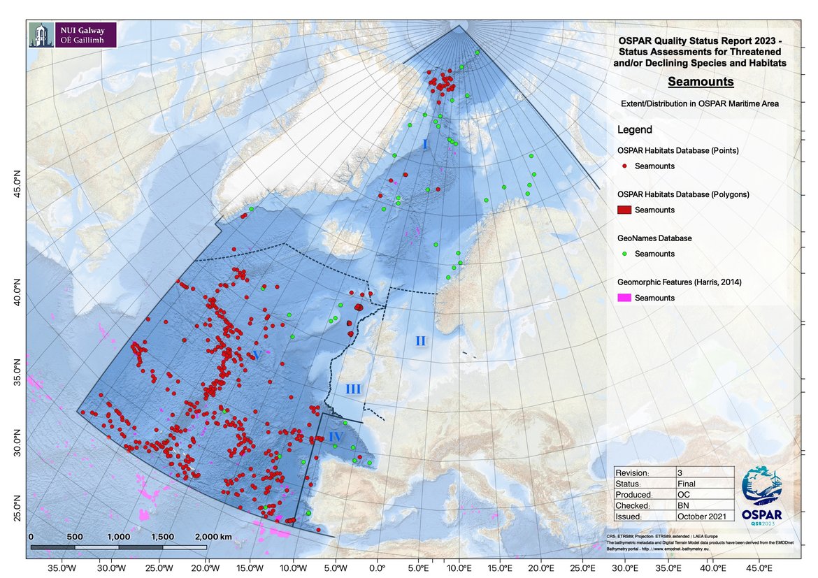 Figure 1: Distribution of seamounts in the OSPAR maritime area based on the OSPAR threatened and/or declining habitats database (points and polygons), the GeoNames database and geomorphic features from Harris (2014)
