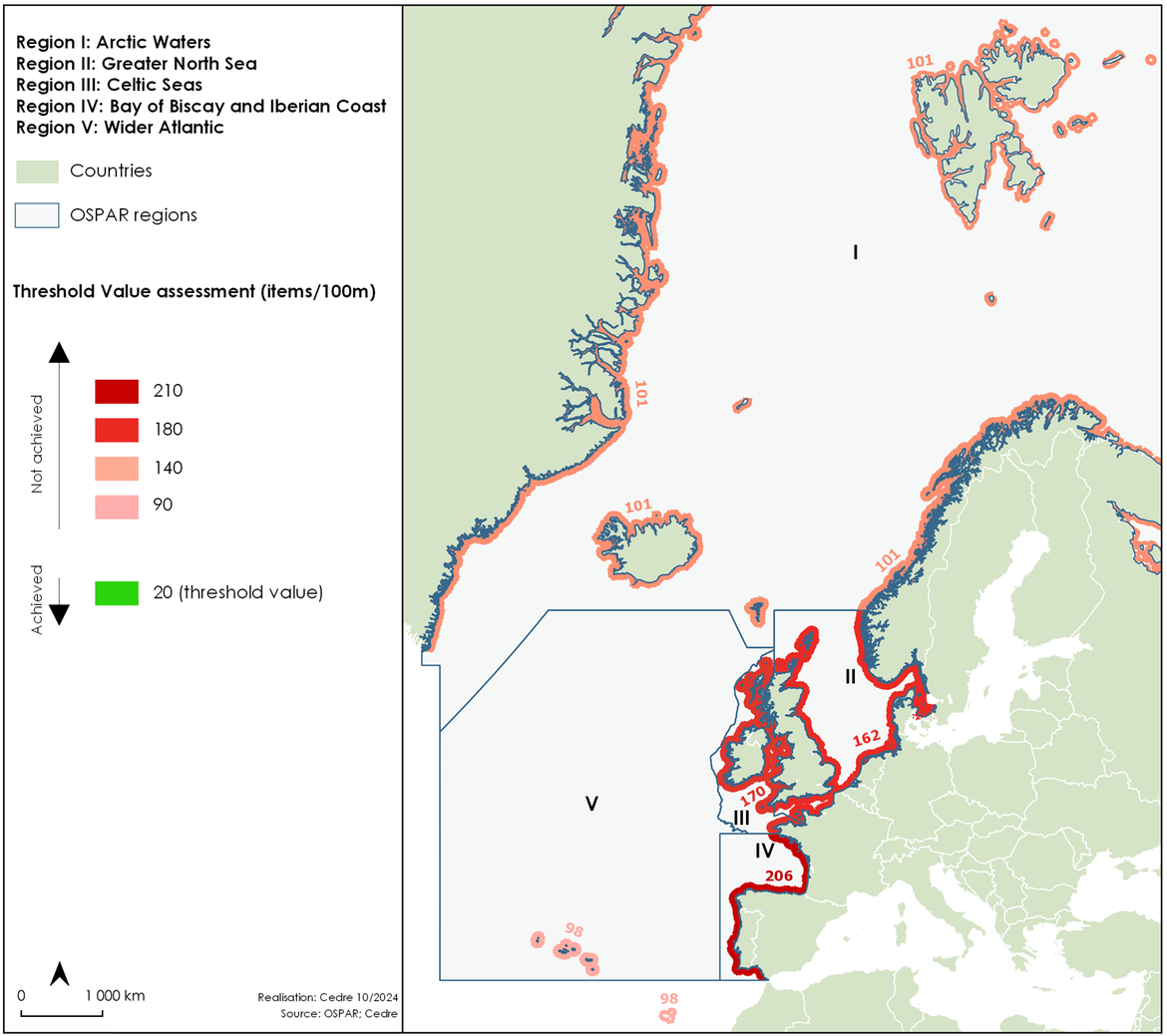 Figure d: TV assessment values in the five OSPAR regions over the three-year period from 2021 to 2023