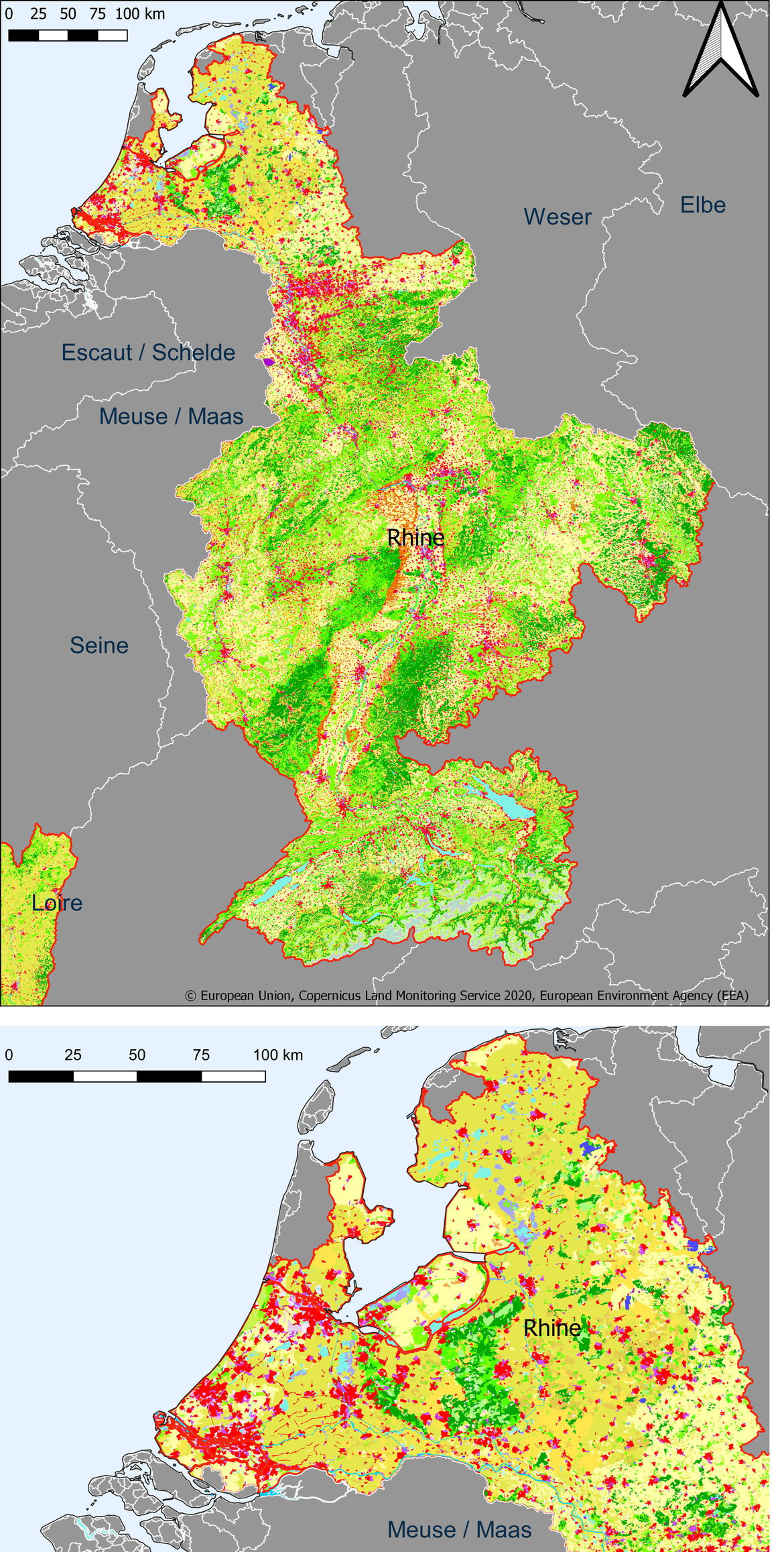 Figure 3.5.1: Map showing the extent and land use in the Rhine River basin