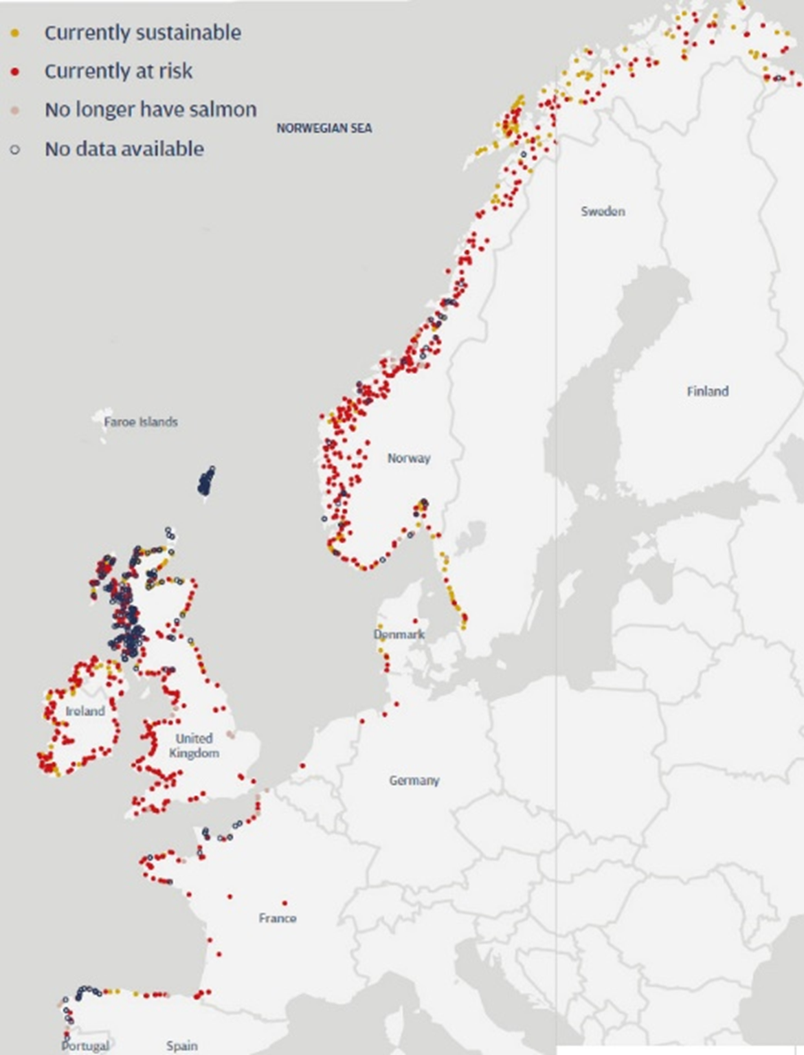 Figure 2: NASCO risk categorization of Atlantic salmon stocks across European rivers, adapted from (NASCO, 2020b). The categories (i.e. colours) used here are those selected by NASCO and do not always translate to stock state categories used by the nations/jurisdictions.