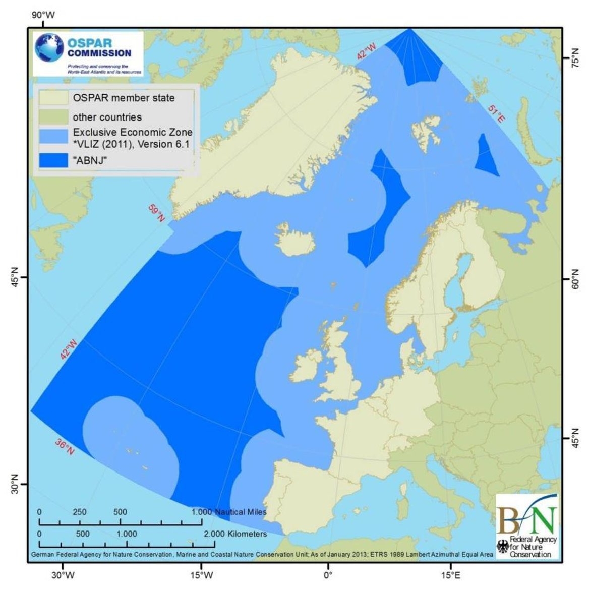 Figure 1: ABNJ in the OSPAR Maritime Area as defined in 2003⁴⁶.
