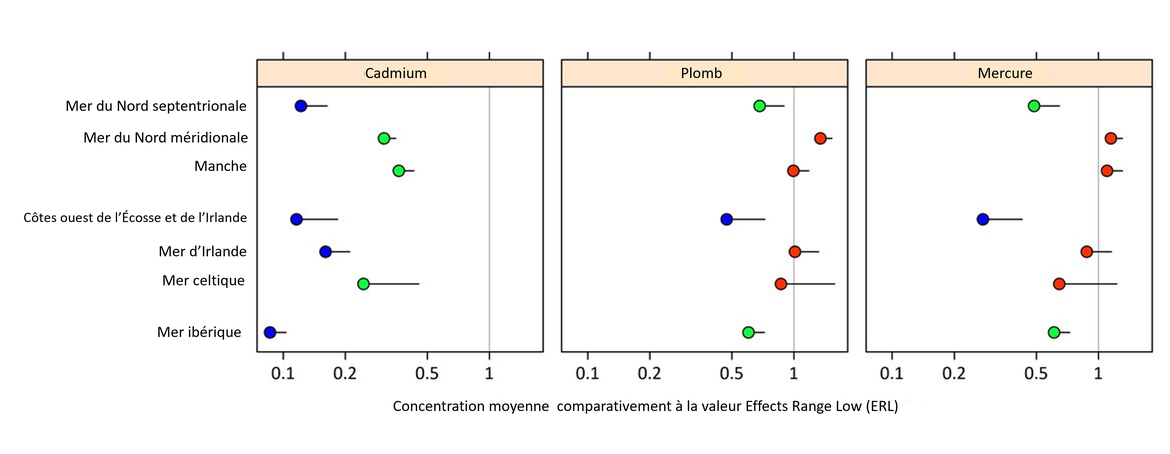 Figure 5 : Concentration moyenne de cadmium, de plomb et de mercure dans les sédiments comparativement à l'ERL. Les points bleus représentent des niveaux inférieurs à la concentration ambiante, les points verts représentent des niveaux inférieurs aux critères environnementaux, et les points rouges représentent des niveaux supérieurs aux critères environnementaux.