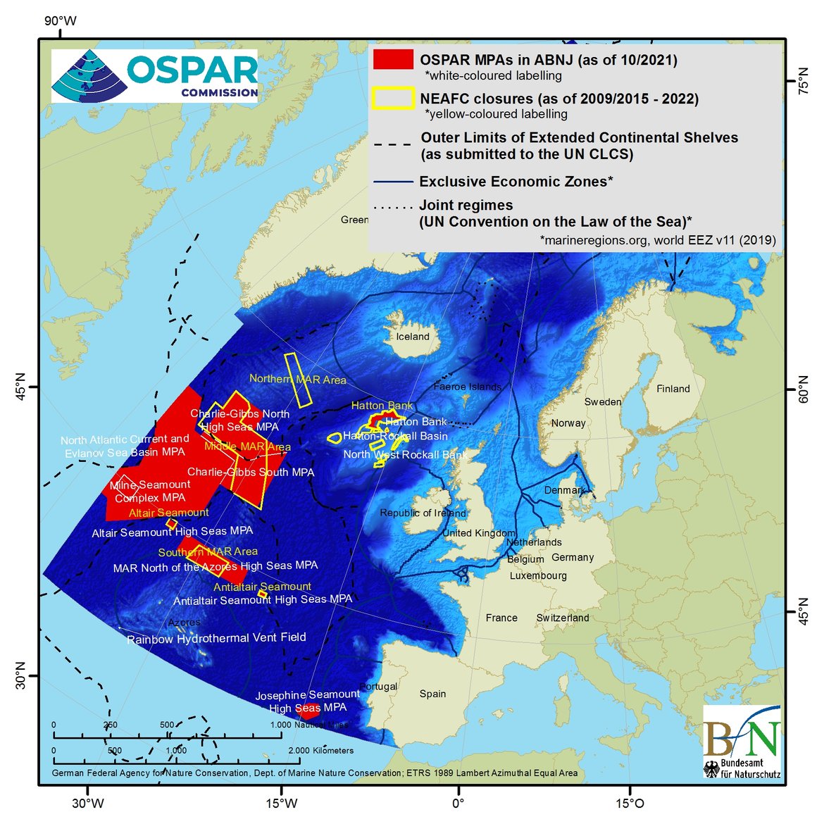 Figure 3.7: OSPAR MPAs in Areas Beyond National Jurisdiction and NEAFC fishery closure areas