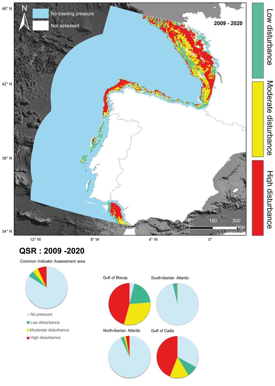 Figure 1: Disturbance spatial distribution across the Common Indicator Assessment Units over the QSR time frame. Pie chart plots show the percentage of the assessment unit area under each disturbance level