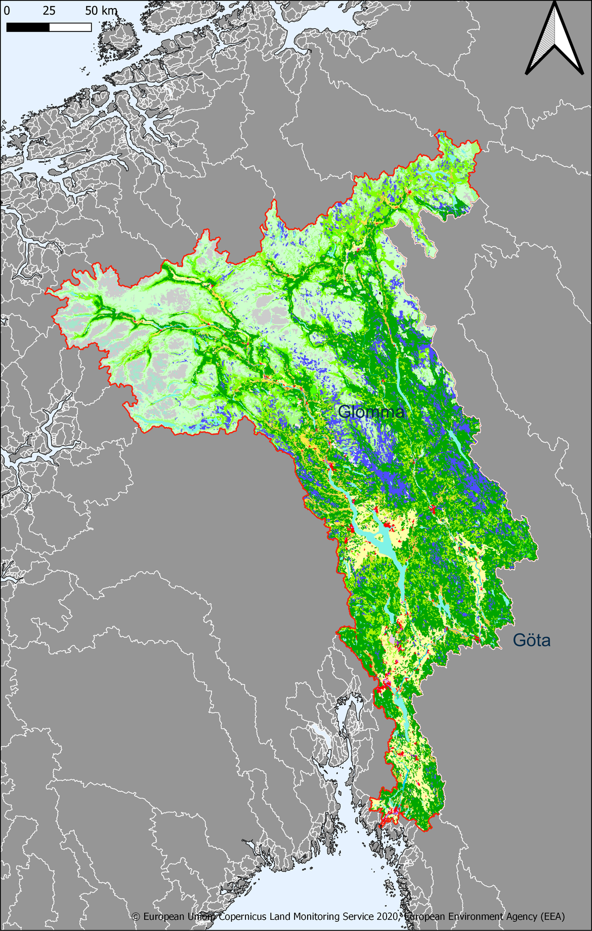 Figure 3.10.1: Map showing the extent and land use in the Glomma river basin