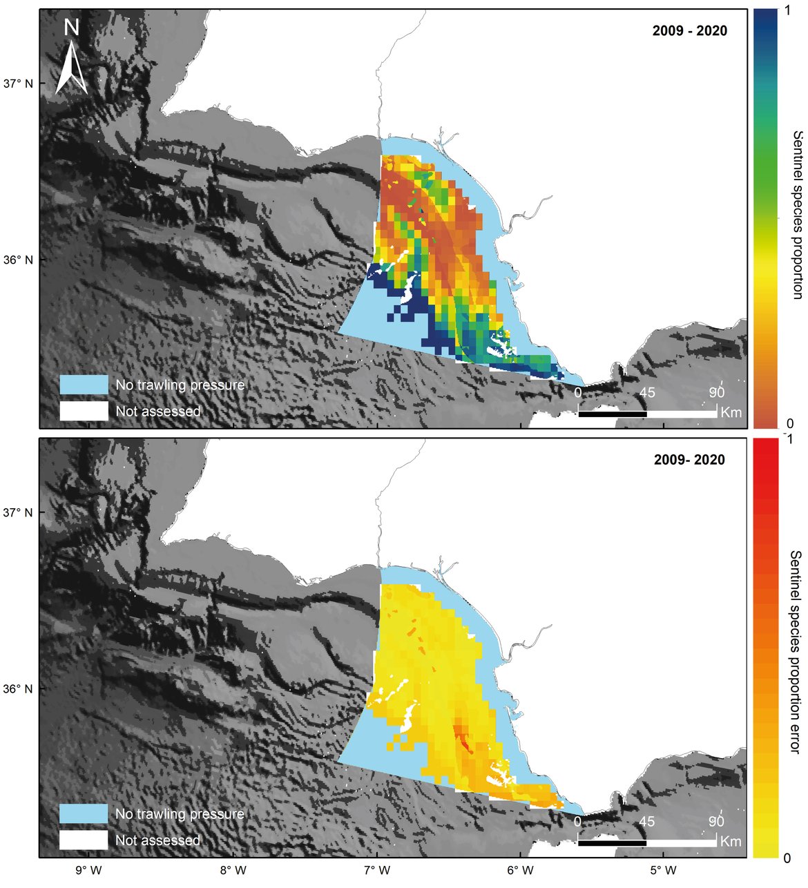 Figure x: Gulf of Cadiz. Overall Common Indicator Assessment area. Top: Prediction of sentinel species based on the mean SAR value from 2009 to 2020. Bottom: Standard error associated with the prediction of sentinel species proportion from 2009 to 2020