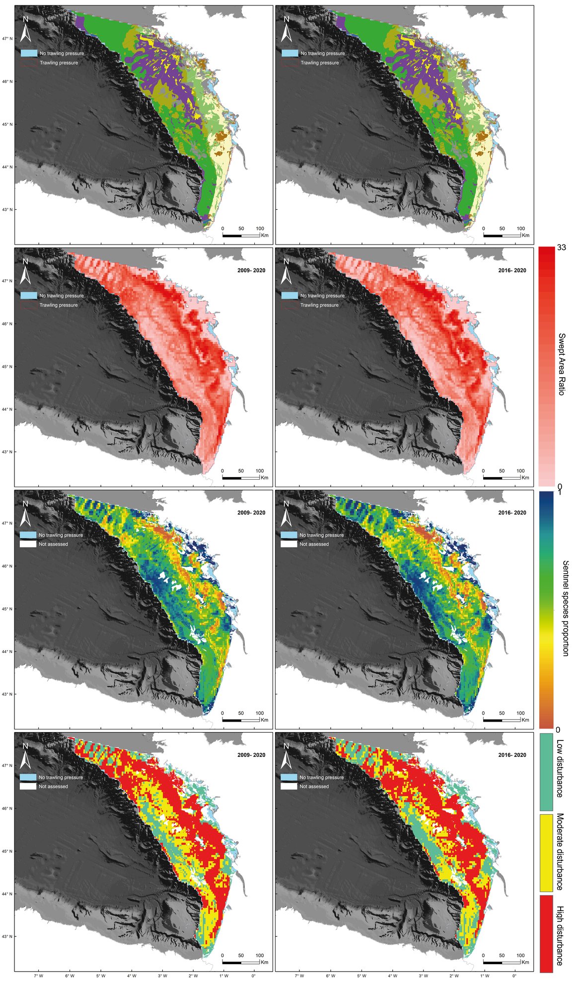Figure ah: Gulf of Biscay. Summary figure of the BH1 QSR 2023 assessment. From top to bottom: MSFD habitats assessed; Mean swept area ratio (SAR); Predicted sentinel species proportion based on the pressure-states curves; Final assessment status. From left to right: From 2009 to 2020; from 2016 to 2020