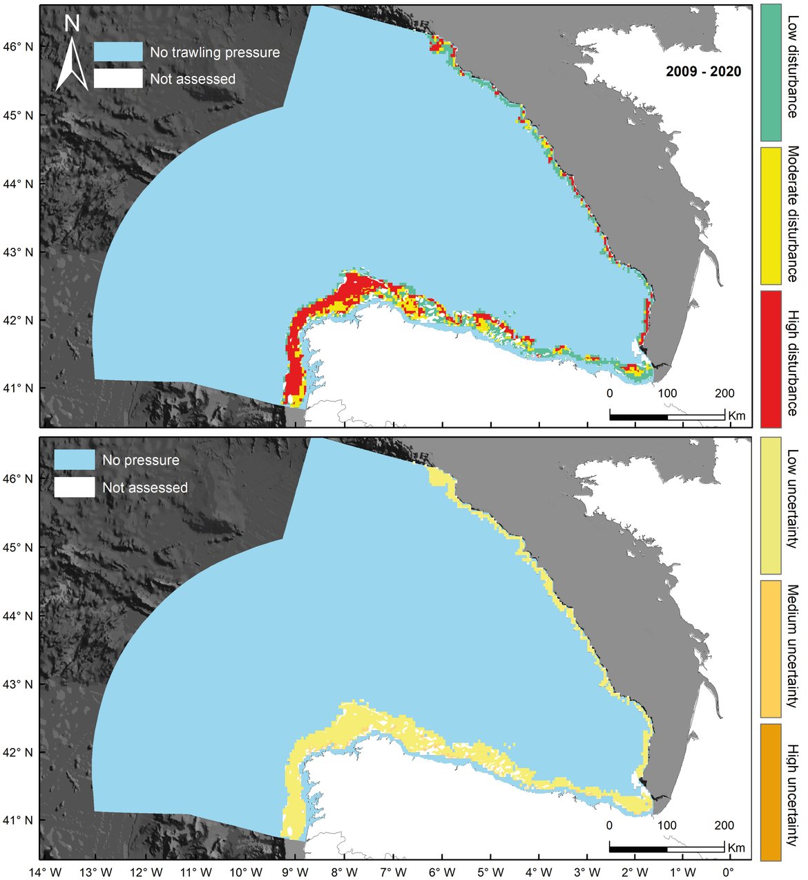 Figure ai: North Iberian Atlantic. Top: Final assessment status for the period from 2009 to 2020. Bottom: Uncertainty associated with the assessment of habitat status