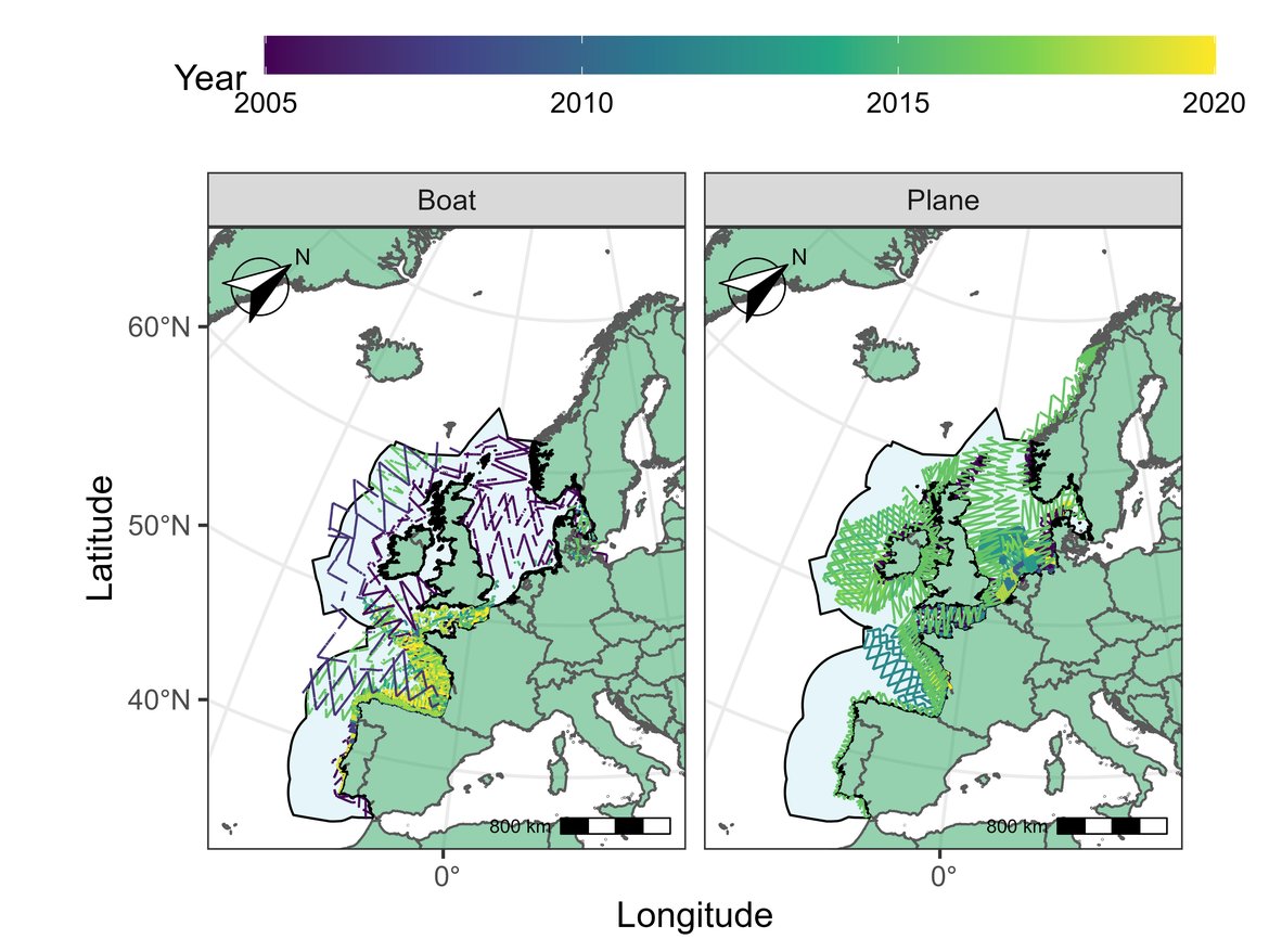 Figure i: Results from the OSPAR data call for cetacean survey data collected between 2005 and 2020 in the North-East Atlantic. Note that in case of multiple overlapping transects, only the most recent one is shown.