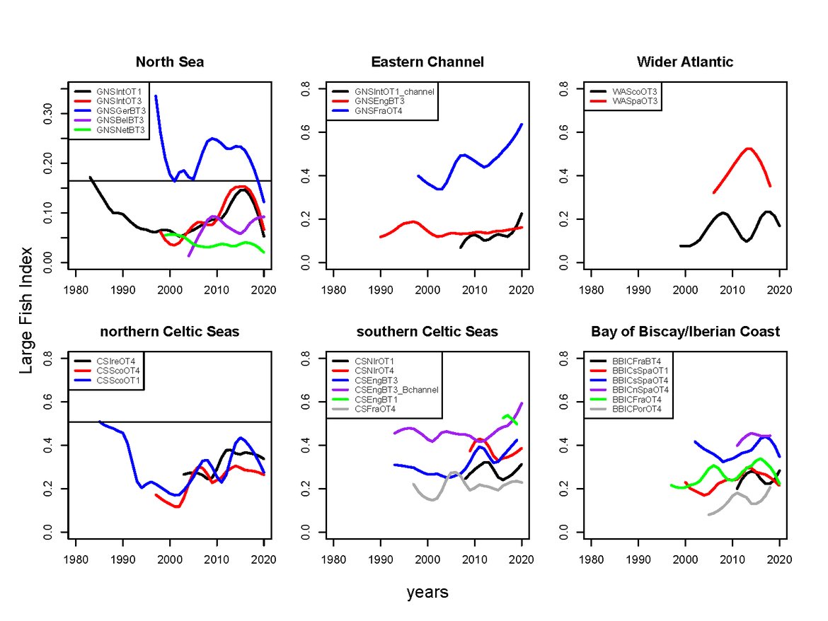 Figure 1. Time series of Large Fish Index by survey, showing LOESS smoothed patterns, where overlapping surveys within Regions are grouped. The horizontal black lines on the North Sea and northern Celtic Seas panes show the threshold values for GNSIntOT1 and CSScoOT1 surveys respectively. The y-axes of these plots are not directly comparable between surveys, subdivisions and regions due to the different fishing gears used between surveys and differing temporal and spatial coverage of the surveys.