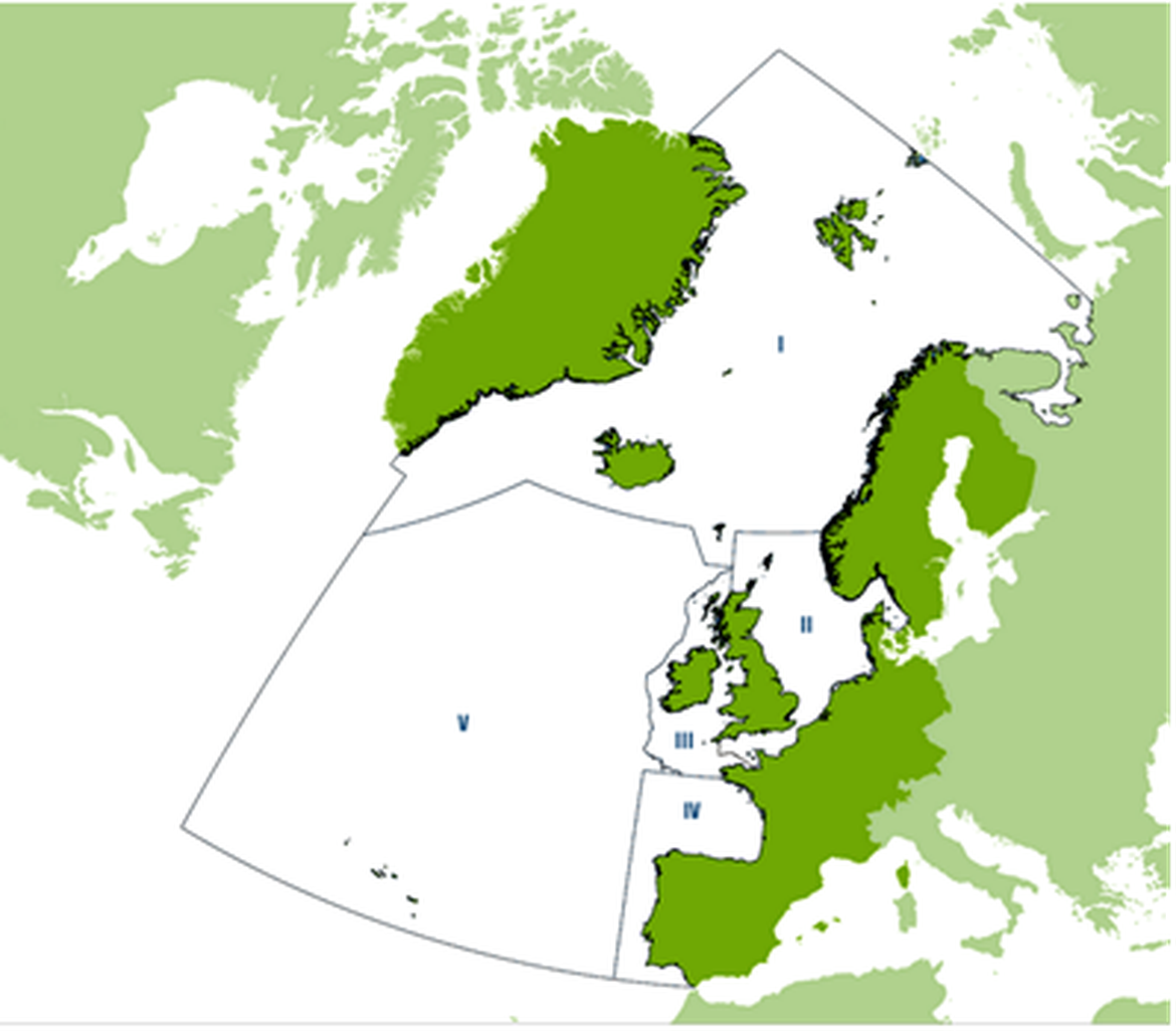 Figure 1: OSPAR Regions. BRGU are breeding only within Region I (Arctic waters). Copyright © OSPAR Commission