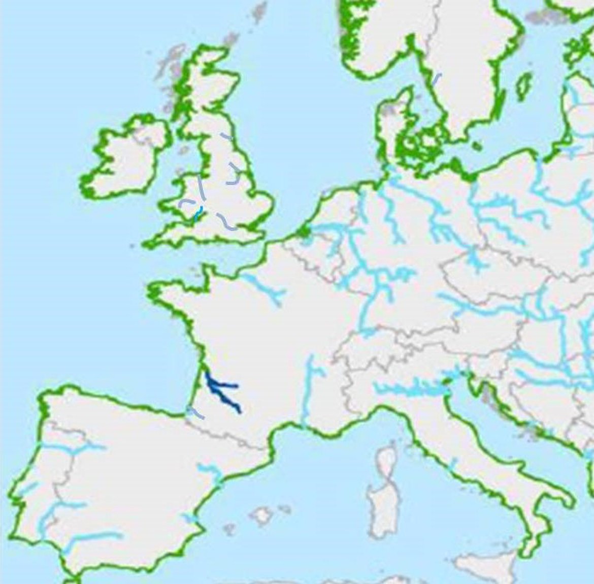Figure 1 Marine and freshwater distribution of European sturgeon. Light blue indicates rivers of past occurrence, dark blue gives the last river system of recent occurrence (Gironde, France), dashed dark blue indicates river system with reintroduction ongoing (Elbe River, Germany), green indicates coastal distribution up to the 100m depth contour (modified after Friedrich et al. 2019)