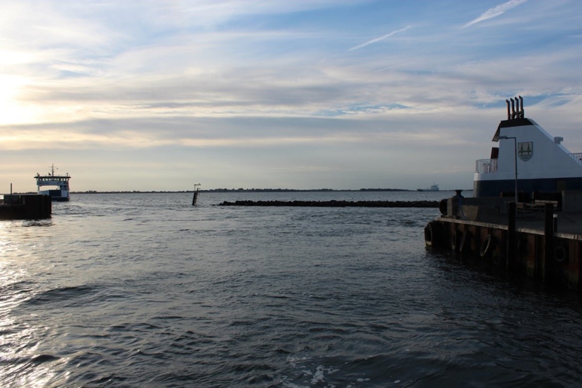 Local ferries and a coaster in the Great Belt, Denmark