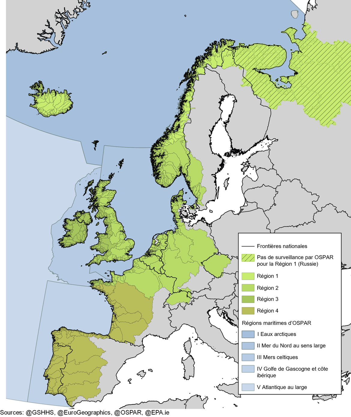 Figure b : Bassins hydrographiques fluviaux apportant des nutriments à la zone maritime d'OSPAR