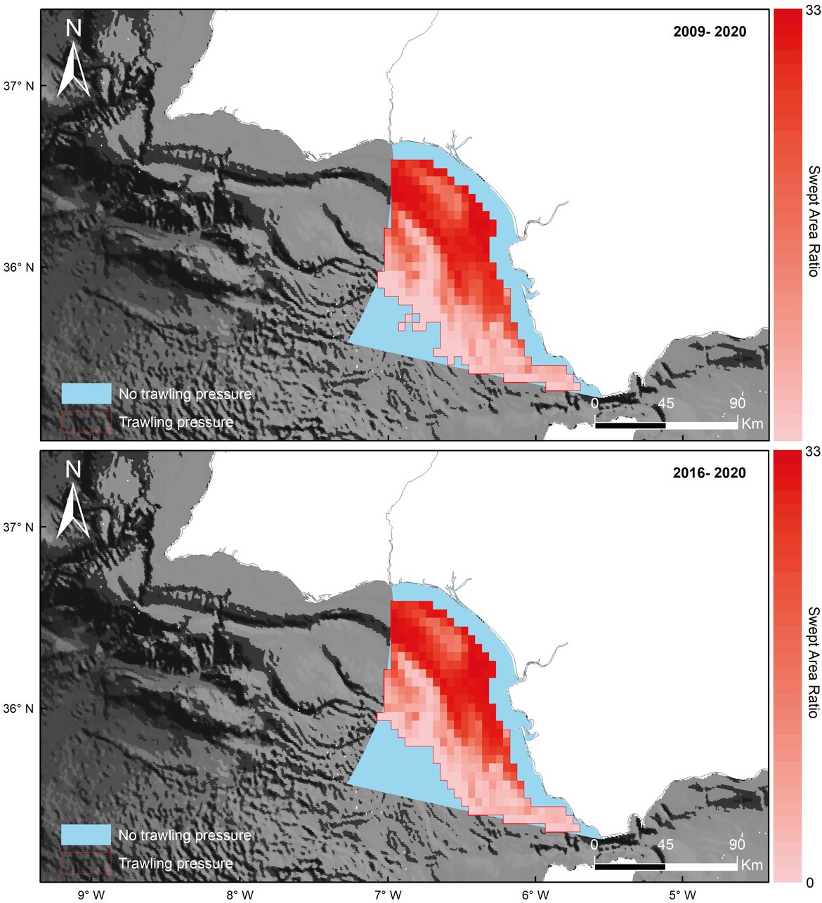 Figure m: Gulf of Cadiz Assessment Unit. Mean swept area ratio (SAR) from 2009-2020 (top) and from 2016 to 2020 (bottom)