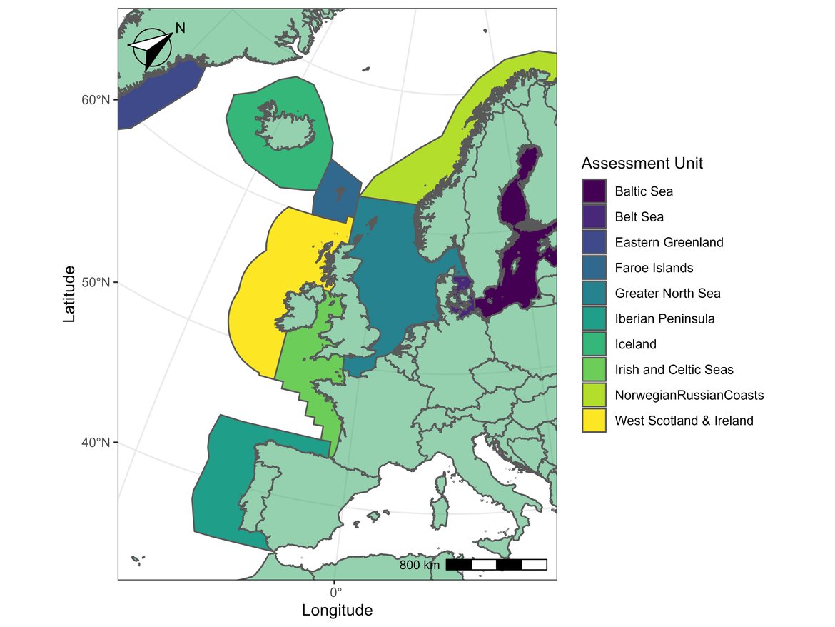 Figure b: Assessment Units for harbour porpoises. Only AUs that are partially or completely within the OSPAR Maritime Area are shown.