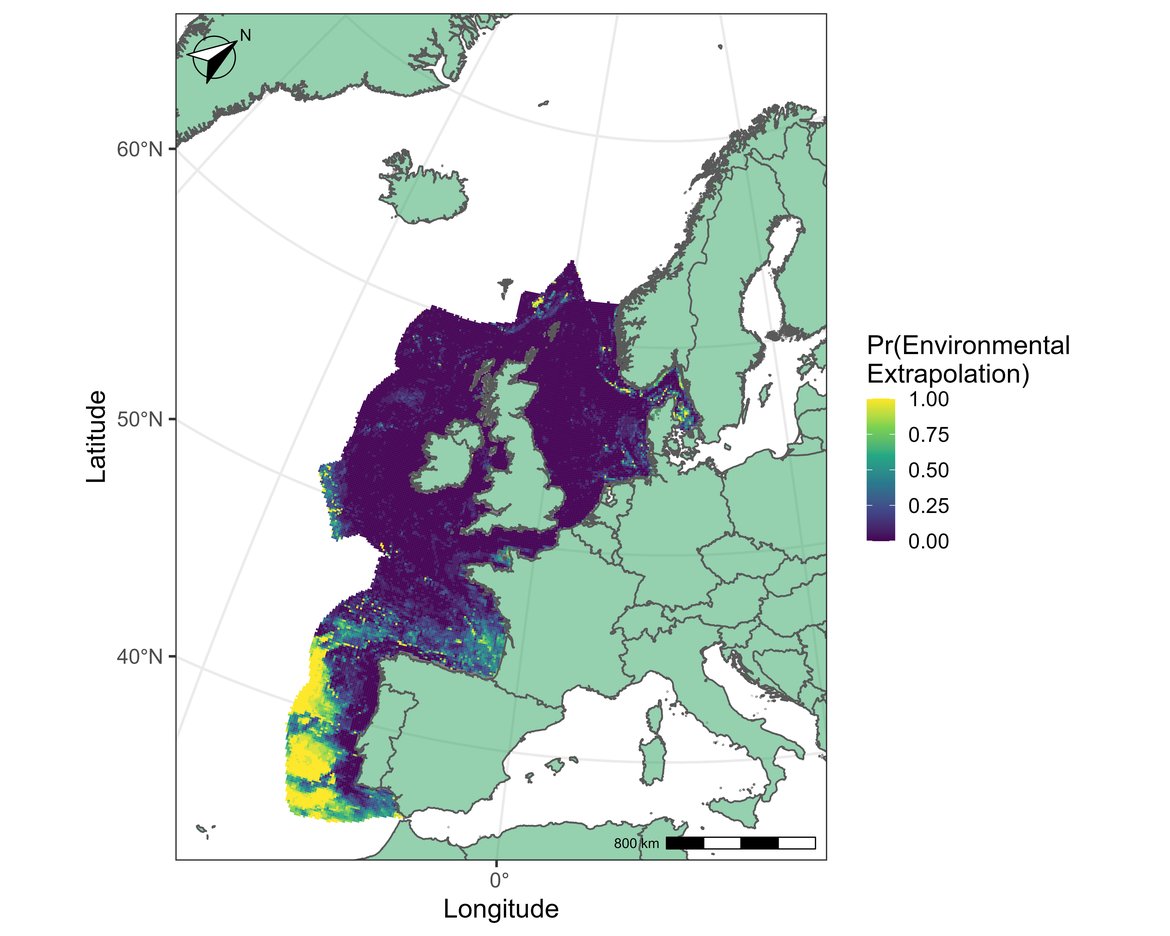 Figure j: Extrapolation (on a probability scale) in predictions for July (between 2005 and 2020) from a distribution model fitted to the collated cetacean survey data in the OSPAR area.