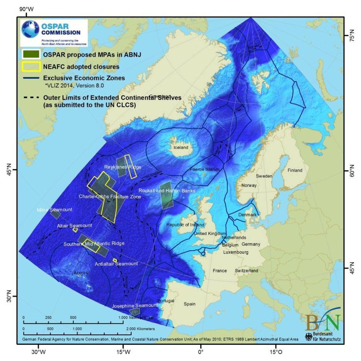 Figure 3: Submissions of OSPAR Contracting Parties to the UN CLCS for an ECS affected the legal situation within the proposed OSPAR MPAs in ABNJ (as of May 2010)⁵⁰