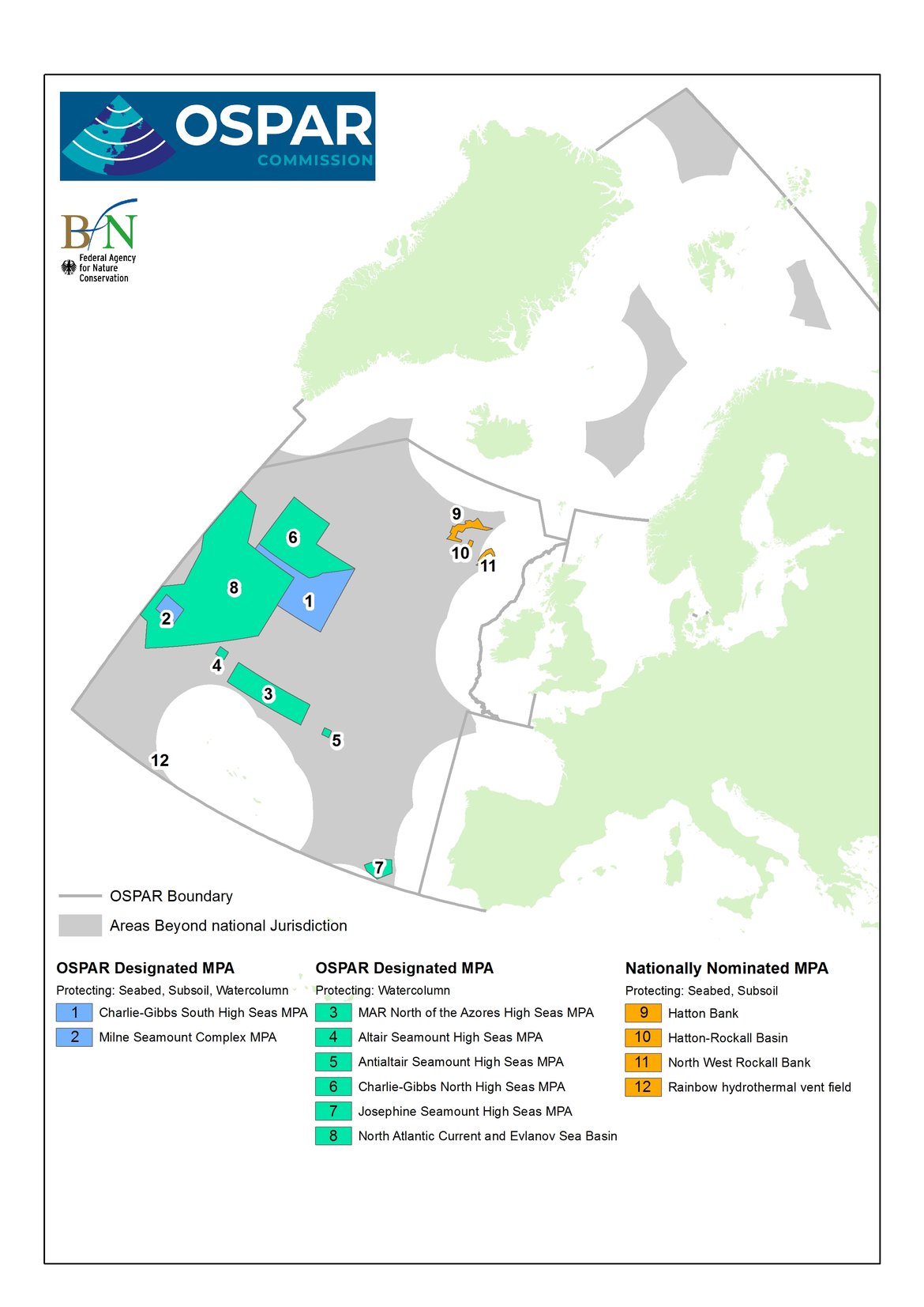 Figure 1.7: OSPAR MPAs in areas beyond the limits of national EEZs (as of 1 October 2021)²⁰.The colour category is intended to visualise the jurisdictional groupings of ABJN MPAs as in section 1.2.3. It should be noted that North-West Rockall SAC is mainly located in EEZ area and is included in the figure for the sake of comprehensiveness and clarity.