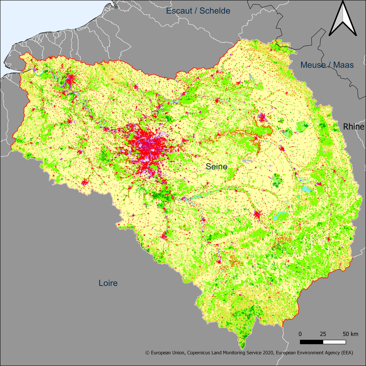 Figure 3.2.1: Map showing the extent and land use in the Seine river basin