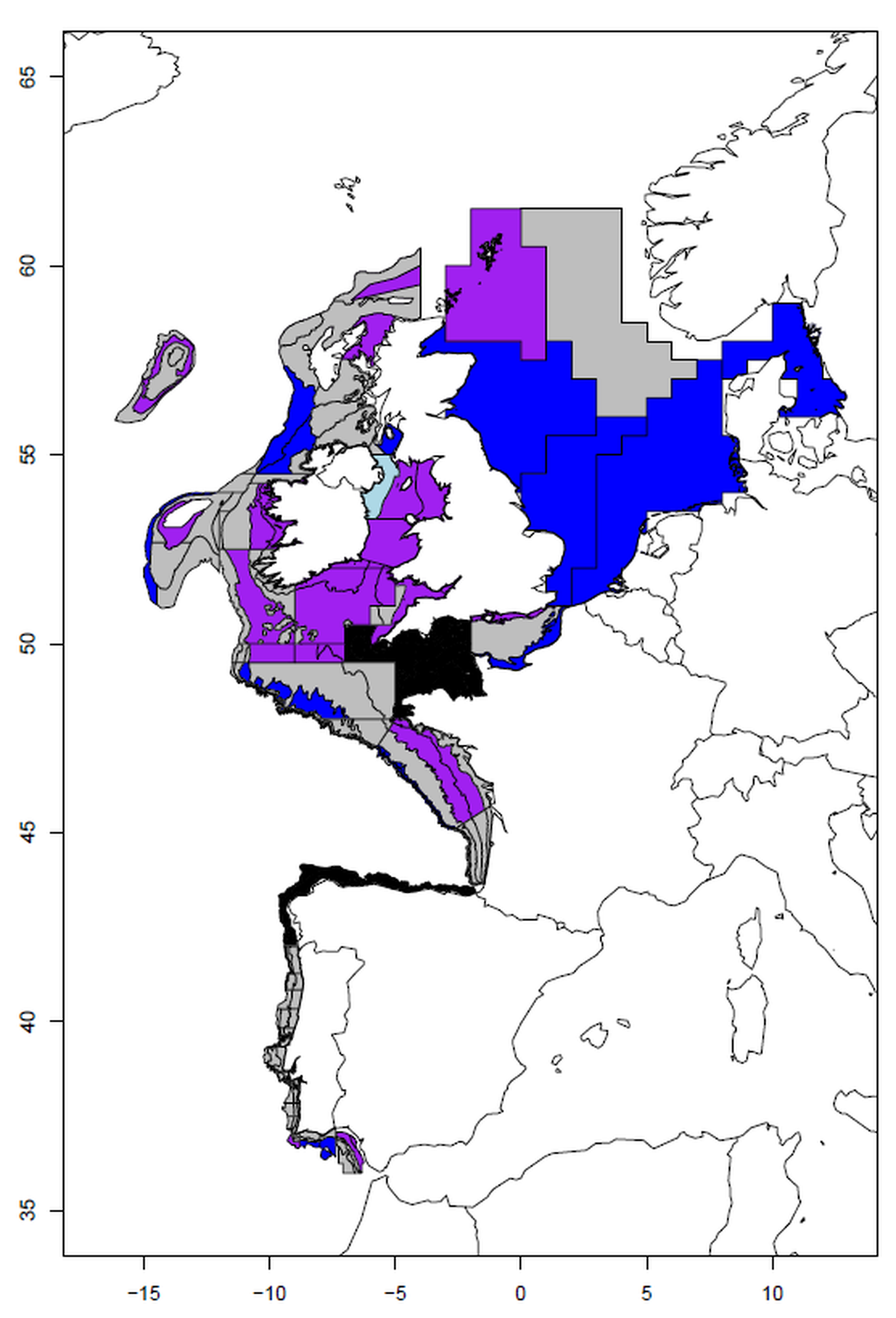 Figure 2: Spatial pattern in outcome of Typical Length indicator by subdivision for preferred surveys by Region. Purple colouring means long-term increase evident; dark blue shows decrease to minimum level; light blue shows decrease to low but not minimum level. Grey areas show areas with no long-term change evident and black area show surveys that are too short to detect long term change.