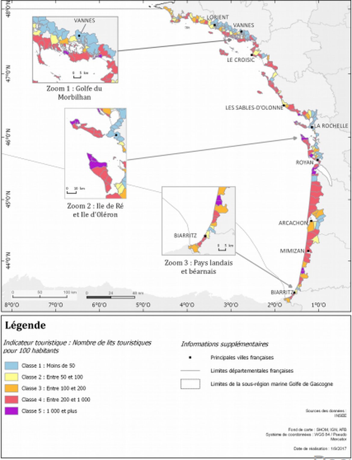 Figure 14: Rate of tourist function (number of tourist beds per 100 inhabitants) by coastal municipality in the Bay of Biscay in 2013; Source: INSEE, SOEs, 2017