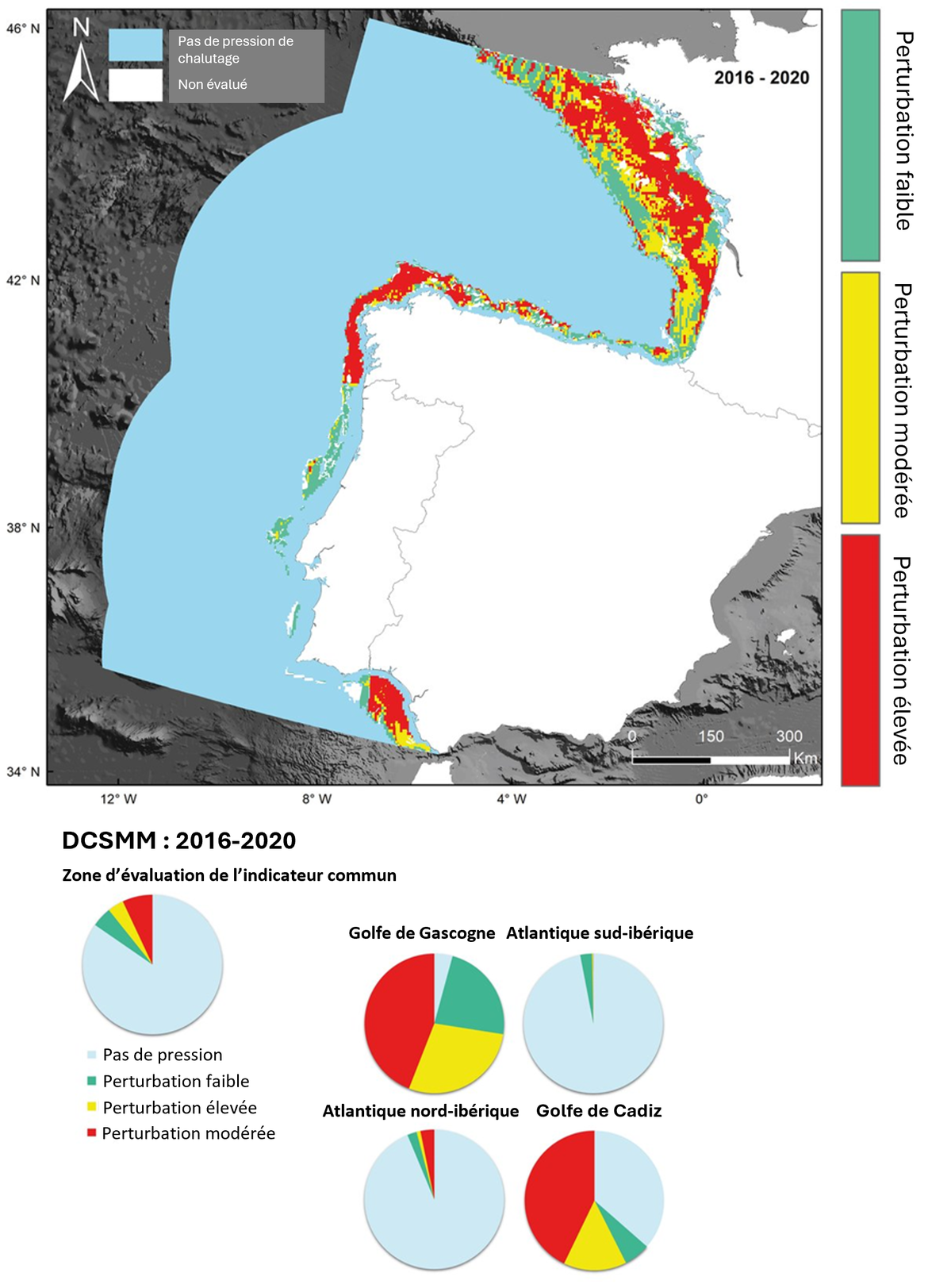 Figure 2 : Distribution spatiale des perturbations dans les unités d'évaluation de l'indicateur commun au cours de la période DCSMM. Les diagrammes circulaires montrent le pourcentage de la zone de l'unité d'évaluation soumis à chaque niveau de perturbation.