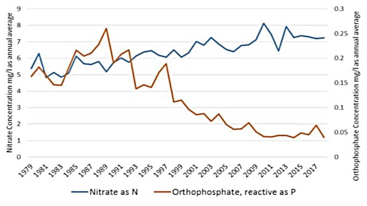 Figure 7.5: Trends in concentrations of N and P in the River Test (at Testwood), Hampshire, UK