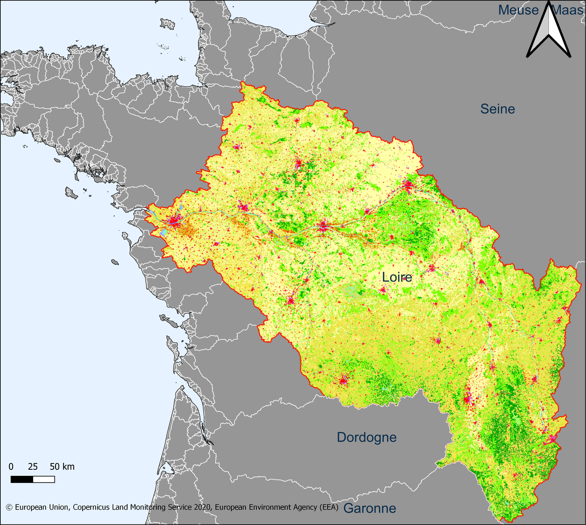 Figure 5.7.1: Map showing the extent and land use in the Loire river basin