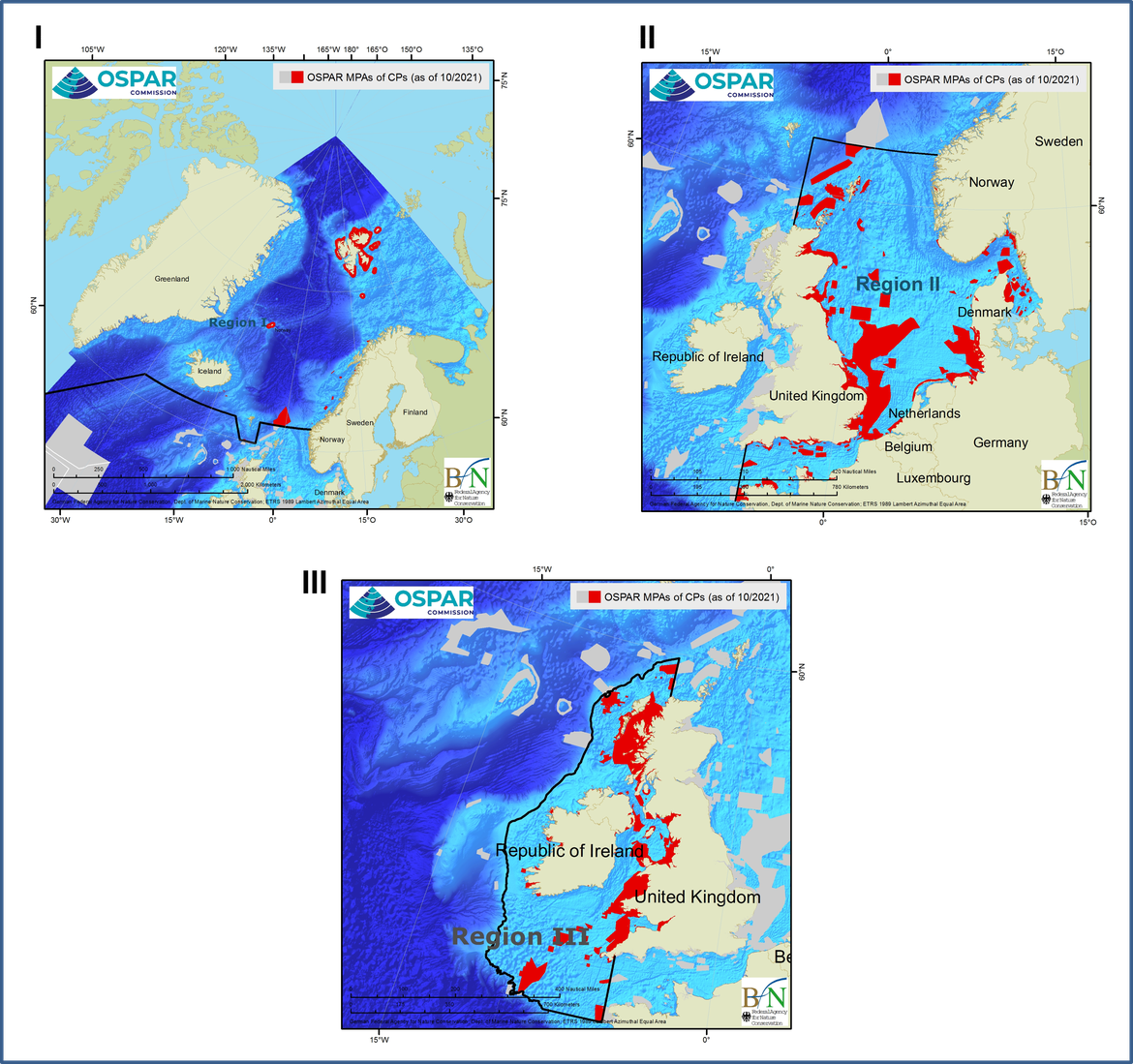 Figure 1.5a: OSPAR MPAs across OSPAR Regions (I – Arctic Waters; II – Greater North Sea; III – Celtic Seas (as of 1 October 2021)).