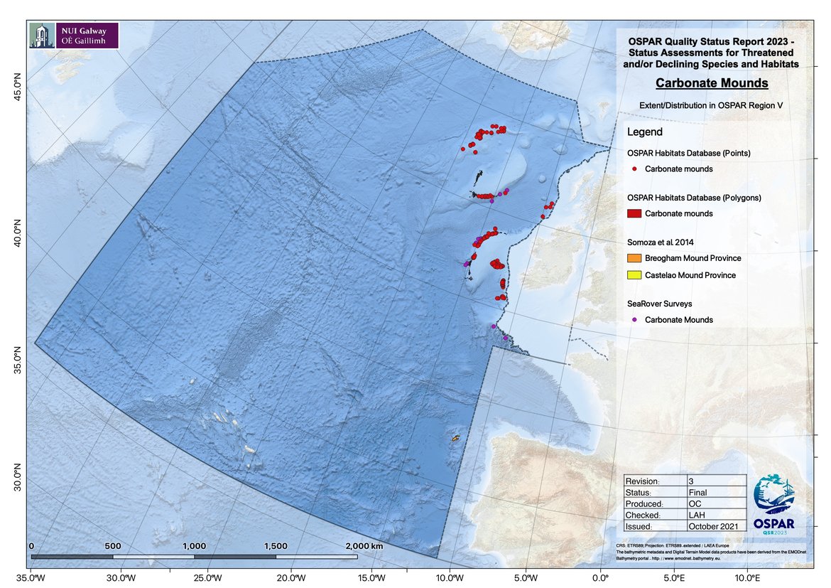 Figure 2: Extent of carbonate mounds in Region V, indicating the recent discoveries of carbonate mounds on Galicia Bank (yellow arrow)